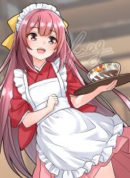 1girl :d absurdres apron blurry blurry_background blush bow bowl commentary_request furaggu_(frag_0416) hair_bow highres holding holding_tray japanese_clothes kamikaze_(kancolle) kamikaze_(valentine)_(kancolle) kantai_collection kimono maid maid_apron maid_headdress open_mouth pink_eyes pink_hair pink_skirt red_kimono short_sleeves skirt smile solo standing teeth thighs tongue tray upper_teeth_only variant_set yellow_bow