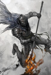 1boy absurdres armor armored_boots blue_cape boots cape commentary counter cuisses elden_ring english_commentary fire flaming_weapon full_armor full_body gauntlets grey_background helm helmet highres holding holding_polearm holding_weapon junjiuk on_one_knee pauldrons polearm roundtable_knight_vyke shoulder_armor solo spear torn_cape torn_clothes weapon