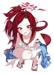1girl absurdres black_horns blue_archive blush breasts cleavage collarbone demon_horns dragon_horns dragon_tail full_body geta halo haori highres horns japanese_clothes long_hair nipples open_mouth ponytail red_eyes red_hair red_halo red_tail renge_(blue_archive) simple_background skirt small_breasts solo squatting tail toes white_background white_skirt yanyo_(ogino_atsuki)