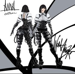 1girl anna_williams ass black_hair blue_eyes bob_cut breasts character_name high_heels makeup short_hair signature solo tekken thighhighs wolfmarker