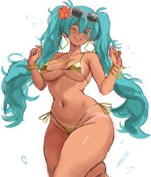 1girl aqua_hair bikini brazilian_miku breasts commentary curvy english_commentary eyewear_on_head flower gold_bikini golden_week_bikini hair_flower hair_ornament hands_up hatsune_miku highres large_breasts long_hair navel one_eye_closed rakeemspoon rectangular_earrings simple_background swimsuit tan tanline thighs thong thong_bikini twintails vocaloid white-framed_eyewear white_background wide_hips wink