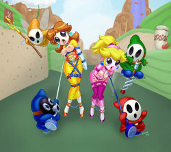 2girls 4boys angry bdsm blonde_hair bondage bound bound_arms bound_legs breasts breasts_out brown_hair collar cuffs dress earrings flower_earrings harness jewelry large_breasts latex latex_dress leash long_hair mario_(series) mask multiple_boys multiple_girls nintendo nipples pogo_stick ponytail princess_daisy princess_peach shackles shaxbert shy_guy shyster slave snifit super_mario_bros._1 super_mario_bros._2 super_mario_land super_mario_rpg tagme tongue tongue_out