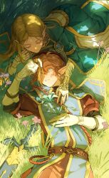 1boy 1girl aqua_eyes arm_around_neck belt blonde_hair blue_flower blue_shirt blue_tunic brown_belt closed_eyes couple earrings flower gloves gold_trim hair_between_eyes hetero highres jewelry jingsang_w link long_hair master_sword medium_hair nintendo parted_bangs parted_lips partially_fingerless_gloves pointy_ears princess_zelda shirt sidelocks silent_princess the_legend_of_zelda the_legend_of_zelda:_breath_of_the_wild tunic upper_body white_gloves