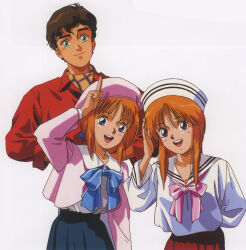 1980s_(style) 1boy 2girls age_difference alternate_universe blue_eyes brown_hair clone elpeo_puru friends good_end gundam gundam_zz hat highres judau_ashta key_visual kitazume_hiroyuki multiple_girls official_art oldschool orange_hair promotional_art puru_two retro_artstyle ribbon scan school_uniform serafuku size_difference traditional_media