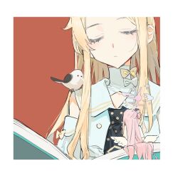 Rule 34 | 2girls, angel, angel wings, bird, blonde hair, book, bow, bowtie, closed eyes, closed mouth, dress, feathered, feathered wings, flower, from side, hair bun, hair flower, hair ornament, halo, holding, holding book, lavia whitewings, long hair, mini person, minigirl, multiple girls, original, pink hair, qyzhiaiyisheng, red background, sailor, sailor collar, shirt, simple background, single, size, size difference, sleeveless, white dress, wings