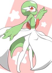1girl ass_peek blush bob_cut colored_skin dress gardevoir gen_3_pokemon green_hair green_skin highres kazamidoririnn looking_at_viewer multicolored_skin nintendo pink_background pink_eyes pokemon pokemon_(creature) simple_background two-tone_skin white_dress white_skin