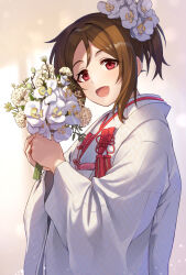 1girl blush bouquet brown_hair commentary_request domyoji_karin flower hair_flower hair_ornament highres holding holding_bouquet idolmaster idolmaster_cinderella_girls japanese_clothes kimono looking_at_viewer ponytail red_eyes shiraha_(shiraha_0129) shiromuku smile solo uchikake upper_body white_flower white_kimono wide_sleeves