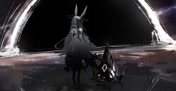 1girl amiya_(arknights) amiya_(demon_king)_(arknights) animal_ears arknights black_hole cape crystal dress flower glowing_flower hashtag-only_commentary highres horizon magic outdoors rabbit_ears rabbit_girl siguma_(13238772100) torn_cape torn_clothes torn_dress white_flower