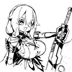 Rule 34 | 1girl, :3, absurdres, armlet, bracer, breasts, cropped torso, dress, eyes visible through hair, greyscale, hair between eyes, highres, holding, holding sword, holding weapon, huge breasts, jewelry, k.tomato, long hair, looking at viewer, monochrome, open mouth, original, outstretched arm, rerie (k.tomato), reverse grip, simple background, sleeveless, sleeveless dress, smile, solo, sword, upper body, v-shaped eyebrows, weapon