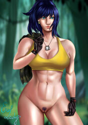 1girl blue_eyes blue_hair breasts curvy earrings erolady gloves highres huge_breasts jewelry large_breasts leather leona_heidern looking_at_viewer military nature no_pants outdoors pale_skin shirt standing tank_top the_king_of_fighters thick_thighs thighs toned toned_female undressing wide_hips yellow_shirt