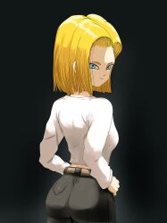 1girl android_18 black_background blonde_hair blue_eyes dragon_ball happy looking_at_viewer smile solo
