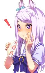 ! 1girl animal_ears blue_shirt blush bow bowtie cake ear_bow food food_on_face highres horse_ears horse_girl long_hair looking_at_viewer mejiro_mcqueen_(umamusume) puffy_short_sleeves puffy_sleeves purple_bow purple_bowtie purple_eyes sailor_collar school_uniform shirt short_sleeves solo strawberry_shortcake t-shirt thin_(suzuneya) tracen_school_uniform umamusume upper_body white_hair