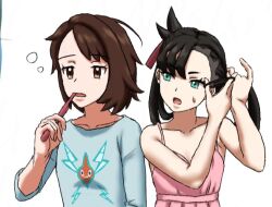 2girls adjusting_hair akira_(negishiakinori) annoyed aqua_eyes arm_at_side armpits asymmetrical_bangs bare_shoulders black_hair brown_eyes brown_hair brushing_teeth child clenched_hands collarbone couple dress eyelashes flat_chest gen_4_pokemon gloria_(pokemon) hair_ornament hands_up long_hair long_sleeves looking_ahead looking_at_another marnie_(pokemon) matching_hair/eyes medium_hair messy_hair multiple_girls neck nintendo open_mouth pajamas pink_dress pokemon pokemon_swsh rotom sidelocks simple_background sleepy sleeveless sleeveless_dress spaghetti_strap squeans standing sweatdrop swept_bangs twintails undercut white_background