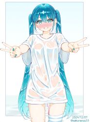 1girl aqua_eyes aqua_hair aqua_nails artist_name asymmetrical_legwear blush border breasts collarbone commentary_request cowboy_shot dated double-parted_bangs double_v fingernails grin hair_between_eyes hatsune_miku highres long_hair long_shirt looking_at_viewer medium_breasts motion_lines nail_polish naked_shirt navel nose_blush outside_border outstretched_arms oversized_clothes oversized_shirt sakura_yuu_(hzjy8485) see-through_clothes see-through_shirt sex_toy shirt short_sleeves sidelocks smile solo standing steam straight-on straight_hair striped_clothes striped_thighhighs sweat t-shirt thighhighs trembling twintails v very_long_hair vibrator vibrator_in_thighhighs vocaloid wet wet_clothes wet_shirt white_border white_shirt wide_sleeves