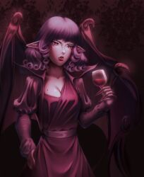 1girl absurdres alcohol alternate_costume animal_ears breasts cleavage cup dress drinking_glass earrings highres holding jewelry klabisot lips looking_at_viewer makeup medium_breasts nail_polish pink_hair pointy_ears red_eyes remilia_scarlet short_hair solo touhou wine wine_glass wings