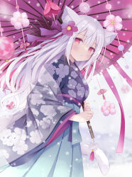 1girl animal_ear_fluff animal_ears blue_kimono blue_skirt blush bow cat_charm cat_ears cat_girl cat_tail center-flap_bangs commentary_request cowboy_shot dot_nose floral_print floral_print_kimono flower from_side hair_between_eyes hair_bow hair_flower hair_ornament hakama hakama_skirt hoshino_koucha japanese_clothes kimono long_hair long_sleeves looking_at_viewer new_year oil-paper_umbrella original pink_eyes pink_flower pink_umbrella print_kimono purple_bow purple_flower sidelocks skirt snow solo tail turning_head umbrella white_background white_hair wide_sleeves