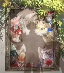 1boy aglaea_(honkai:_star_rail) anaxa_(honkai:_star_rail) angel_wings animal_hood aqua_hair blonde_hair castorice_(honkai:_star_rail) cat_hood chrysos_heirs_(honkai:_star_rail) cipher_(honkai:_star_rail) commentary green_hair grey_hair highres honkai:_star_rail honkai_(series) hood hyacine_(honkai:_star_rail) multicolored_hair mydei_(honkai:_star_rail) painting_(object) phainon_(honkai:_star_rail) picture_frame pink_hair pointy_ears purple_hair red_hair shadow short_hair solo symbol-only_commentary tanemaki_monaka trianne_(honkai:_star_rail) tribbie_(honkai:_star_rail) trinnon_(honkai:_star_rail) two-tone_hair wings