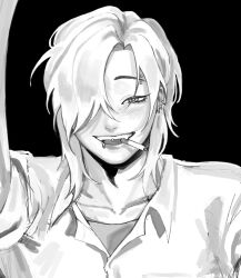 1boy black_background cigarette collared_shirt degrees_of_lewdity earrings eyebrow_piercing face_piercing greyscale hair_over_one_eye highres jewelry lip_piercing lip_ring makoyzu monochrome piercing portrait shirt short_hair simple_background solo tongue_piercing whitney_(degrees_of_lewdity) whitney_(male)_(degrees_of_lewdity)