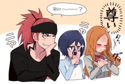 &gt;:( 1boy 2girls abarai_renji black_hair black_headband black_shirt bleach blush blush_stickers bow bowtie brown_hair cellphone closed_eyes collarbone commentary_request cropped_torso double-parted_bangs forehead_tattoo full-face_blush grey_jacket grin hair_between_eyes hand_on_own_cheek hand_on_own_face hand_up hands_on_own_chest hands_up headband high_ponytail highres holding holding_phone inoue_orihime jacket jitome kuchiki_rukia light_brown_background long_hair long_sleeves multiple_girls neck_tattoo open_mouth parted_bangs phone ponytail purple_eyes red_bow red_bowtie red_hair school_uniform shirt short_hair side-by-side sidelocks simple_background smartphone smile smug sound_effects sparkle speech_bubble sweat tattoo translated two-tone_background upper_body v-shaped_eyebrows very_long_hair white_background yanono_015