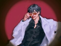 1boy adjusting_eyewear black_eyes black_hair black_shirt blood blood_on_eyewear blood_on_face bloody_tears coat collared_shirt grin hair_between_eyes hand_in_pocket kim_dokja looking_at_viewer macaronijail nosebleed omniscient_reader&#039;s_viewpoint orange-tinted_eyewear popped_collar red_background shirt short_hair smile solo spotlight tinted_eyewear upper_body white_coat