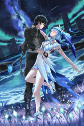 1boy 1girl absurdres armlet ayloss bare_legs black_hair black_jacket black_pants blue_butterfly blue_dress blue_hair blue_veil breasts bug butterfly colored_eyelashes commentary_request dress grey_shirt heel-less_heels high_heel_sandals highres insect jacket jewelry legs long_hair looking_at_another male_rover_(wuthering_waves) medium_breasts nebula night night_sky outdoors pants purple_eyes rover_(wuthering_waves) sandals shirt shorekeeper_(wuthering_waves) sky sleeveless sleeveless_dress thighs veil water wuthering_waves