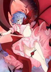 1girl absurdres bat_(animal) bat_wings blue_hair breasts commentary crazy_smile flying full_moon grin highres midriff moon pink_skirt pointy_ears red_eyes red_moon remilia_scarlet short_hair skirt smile solo thigh_strap thighs touhou unanooo_(fthx7532) wings