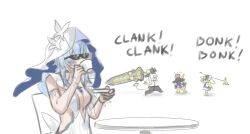 Rule 34 | 3girls, armlet, be de giau ma, black horns, black pants, blonde hair, blue hair, blue veil, breasts, commentary, cup, curled horns, deal with it (meme), dress, drinking, english commentary, highres, holding, holding cup, holding staff, holding sword, holding weapon, horns, jewelry, long hair, medium breasts, meme, multiple girls, pants, phoebe (wuthering waves), shirt, shorekeeper (wuthering waves), sleeveless, sleeveless dress, staff, sword, tacet discord (wuthering waves), tail, teacup, two-tone veil, veil, weapon, white dress, white shirt, white veil, wuthering waves, zani (wuthering waves)