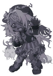 1girl amaryllis_gumi arm_warmers bags_under_eyes bandage_over_one_eye bandaged_leg bandages boots claw_pose creature dark-skinned_female dark_skin demon_girl drooling feral_lemma full_body furrowed_brow greyscale hand_up hat highres horizontal_pupils horns injury long_hair looking_at_viewer messy_hair monochrome nail_polish one_eye_covered open_mouth pantyhose simple_background single_leg_pantyhose skirt smile solo standing striped_clothes striped_skirt torn_clothes torn_pantyhose torn_wings veins vest virtual_youtuber wings yotsutsuji_mayoi zombie zombification