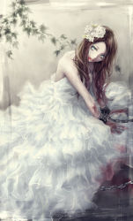 1girl bare_shoulders blood bound bound_wrists brown_hair bruise chain closed_mouth commentary_request dress female_focus flower green_eyes hair_flower hair_ornament injury ivy long_hair looking_at_viewer nuwanko original restrained rose sitting solo wedding_dress white_dress white_flower white_rose