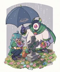 2girls aqua_hair artist_name bouquet cape chako_(dqb2) closed_eyes commentary_request covering_own_mouth cross dowa555 dragon_quest dragon_quest_builders_2 flower glasses gloves grave green_cape green_shirt holding holding_bouquet holding_umbrella horns ivy jigokku_(dqb2) jigoku_no_tsukai long_hair mask multiple_girls pumpkin rain shirt squatting umbrella yellow_gloves