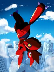 bug building colored_skin full_body gen_2_pokemon highres insect_wings nintendo pokemon pokemon_(creature) red_skin redamber334 scizor skyscraper upside-down wings yellow_eyes