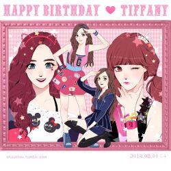 1girl artist_name_(singer) black_boots blue_eyes blue_jacket blunt_bangs boots bracelet brown_hair commentary_request dated full_body girls&#039;_generation hand_on_own_hip happy_birthday heart high_heels jacket jewelry k-pop leather leather_boots long_hair looking_at_viewer makeup mascara multiple_views one_eye_closed open_mouth pink_lips real_life salute shuukhov skirt smile tiffany_(girls&#039;_generation) tumblr_username twintails watch wristwatch