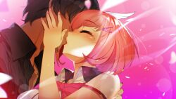 1boy 1girl black_hair blunt_bangs blush bob_cut bow bra_strap cha_seol-hwa close-up closed_eyes dark_skin faceless faceless_male from_side game_cg hair_ornament hair_over_eyes hairband hairpin hand_on_another&#039;s_cheek hand_on_another&#039;s_face hand_on_another&#039;s_shoulder hetero highres joo_mi-ra kiss lanyard miracle_snack_shop mole mole_under_eye non-web_source official_art pink_background pink_bow raised_eyebrows red_hair shirt short_hair sleeveless sleeveless_shirt strap_slip sweatdrop ukero white_shirt winged_hair_ornament winged_hairband