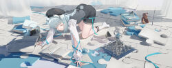 Rule 34 | 1girl, absurdres, all fours, animal ears, arknights, beret, black hat, black shorts, blue ribbon, book, braid, chess piece, chessboard, closed eyes, closed mouth, clothing cutout, commentary, english commentary, full body, grey hair, grey tail, grey vest, hair ornament, hat, highres, hongbaise raw, hourglass, istina (arknights), jigsaw puzzle, kneehighs, long hair, long sleeves, making-of available, no shoes, on floor, open book, painttool sai (medium), paper, pile of books, puzzle, puzzle piece, pyramid (geometry), ribbon, ribbon-trimmed sleeves, ribbon trim, rimless eyewear, round eyewear, shirt, shorts, socks, solo, star (symbol), star hair ornament, stereo, stuffed animal, stuffed toy, tail, teddy bear, vest, white shirt, white socks