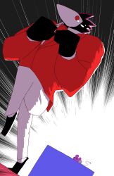 1boy 1other beak bird_boy black_footwear clenched_hands coat commentary_request crying deltarune furry furry_male highres maus_(deltarune) necktie nico26b pants red_coat red_necktie shirt swatchling_(deltarune) tears white_pants white_shirt