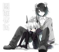 1boy 1girl between_legs blazer blush collared_shirt etihw full_body funamusea genderswap genderswap_(ftm) genderswap_(mtf) haiiro_teien headgear jacket kcalb loafers looking_at_viewer monochrome pants shirt shoes short_hair simple_background sky-freedom thighhighs white_background zettai_ryouiki