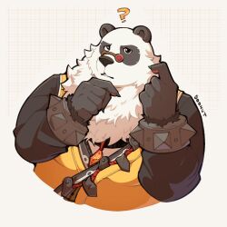 1boy ? animal_ears artist_name bara black_fur bracelet chinese_clothes claws dododoonut furry furry_male hand_on_own_chin highres jewelry looking_at_viewer male_focus multicolored_fur open_mouth pan_yinhu panda_boy panda_ears pawpads round_eyewear scratching_cheek shirt spiked_bracelet spikes white_fur yellow_shirt zenless_zone_zero