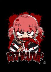 1girl black_background blood blood_in_hair blood_on_clothes blood_on_face blood_on_hands blood_splatter cannibalism chibi die_aria ear_piercing heart heart_(organ) highres holding holding_heart holding_heart_(organ) original piercing red_eyes red_hair signature solo tongue_piercing twintails