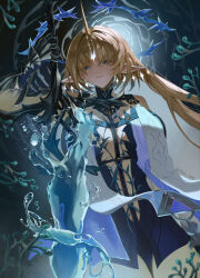 Rule 34 | 1girl, absurdres, bare shoulders, black dress, blonde hair, blue eyes, blue hair, breasts, colored inner hair, commentary request, cowboy shot, dress, earrings, fleurdelys (wuthering waves), floating earrings, highres, holding, holding sword, holding weapon, horns, huge breasts, jewelry, large breasts, long hair, long horns, looking at viewer, lune (illust lune), multicolored hair, parted lips, partial commentary, pointy ears, single horn, solo, sword, tabard, tacet mark (wuthering waves), twitter username, very long hair, weapon, white tabard, wuthering waves, yellow horns