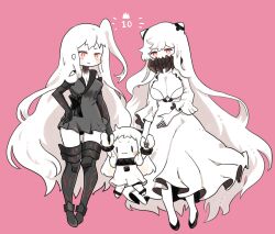 3girls absurdly_long_hair abyssal_ship aircraft_carrier_oni anniversary black_dress breasts cleavage covered_mouth dress hand_grab highres horns kantai_collection kobone long_hair midway_princess mittens multiple_girls northern_ocean_princess red_eyes side_ponytail size_difference thighhighs very_long_hair white_dress white_hair zettai_ryouiki
