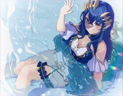 1girl absurdres blue_dress blue_hair breasts brown_horns cleavage commentary_request crossed_bangs demon_girl demon_horns detached_sleeves dress feet_out_of_frame frilled_thigh_strap gem grin hair_between_eyes highres horns jewelry large_breasts long_hair looking_at_viewer nanashi_inc. none_(fan_774) partially_submerged pearl_(gemstone) pointy_ears puffy_detached_sleeves puffy_sleeves ring shimamura_charlotte shimamura_charlotte_(9th_costume) sidelocks sitting sleeveless sleeveless_dress smile solo thigh_strap virtual_youtuber water waving white_sleeves
