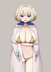 1girl absurdres arm_under_breasts bikini blue_eyes blush breasts brown_dust_(series) brown_dust_2 cleavage cloak demon_horns embarrassed eyebrows_hidden_by_hair flif gold_bikini grey_background highres horns jewelry justia_(brown_dust) justia_(white_reaper)_(brown_dust) large_breasts looking_at_viewer lower_teeth_only navel necklace open_mouth pearl_necklace short_hair simple_background small_horns solo stomach sweat swimsuit teeth white_cloak