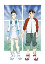 1boy 1girl black_eyes black_hair cosplay couple eureka_(eureka_seven) eureka_(eureka_seven)_(cosplay) eureka_seven eureka_seven_(series) genshiken hetero holding_hands kabaya_kousuke ogiue_chika otaku raglan_sleeves renton_thurston renton_thurston_(cosplay) sasahara_kanji thigh_strap topknot