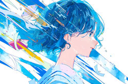 1girl blue_eyes blue_hair book hagimorijia original parted_lips profile school_uniform serafuku shirt short_hair solo upper_body white_serafuku white_shirt wind
