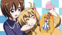 Rule 34 | angry, animal costume, animal ears, blonde hair, blue eyes, blush stickers, brown hair, ferret, hair ornament, hairclip, heart, jealous, lyrical nanoha, mahou shoujo lyrical nanoha, parody, red hair, ribbon, tail, takamachi nanoha, twintails, whiskers, white devil, yagami hayate, yuuno scrya, zero no tsukaima