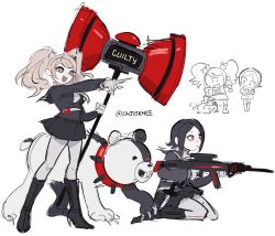 2girls alternate_costume beast_monokuma black_boots black_hair black_shirt black_skirt blonde_hair blue_eyes boots closed_mouth creator_connection crossover danganronpa:_trigger_happy_havoc danganronpa_(series) danganronpa_another_episode:_ultra_despair_girls english_text enoshima_junko female_focus full_body gun hammer high_heel_boots high_heels highres holding holding_gun holding_hammer holding_mallet holding_rifle holding_weapon ikusaba_mukuro knee_boots kneeling last_defense_academy_school_uniform long_hair mallet multiple_girls open_mouth pantyhose pleated_skirt pointing purple_eyes shirt siblings simple_background sirei_(hundred_line) skirt standing the_hundred_line_-last_defense_academy- twins twintails weapon white_background white_pantyhose