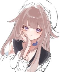 1girl alternate_costume blush brown_hair genshou_ex herta_(honkai:_star_rail) highres honkai:_star_rail honkai_(series) long_hair looking_at_viewer purple_eyes simple_background sketch smile sweatdrop white_background