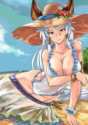 1girl animal_ears arm_support beach blush bracelet breasts brown_eyes brown_hat cleavage clothes_pull cloud collarbone erune flower fox_ears fox_girl granblue_fantasy grey_hair grin hair_tubes hat hat_flower heles heles_(summer)_(granblue_fantasy) jewelry large_breasts long_hair looking_at_viewer lying ocean one-piece_swimsuit sand see-through_clothes see-through_skirt skirt skirt_pull sky smile sun_hat swimsuit teeth temushi_(tmsanai) tree water wet white_one-piece_swimsuit white_skirt