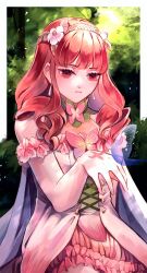 1girl breasts bug butterfly celica_(fire_emblem) celica_(resplendent)_(fire_emblem) creyton dress earrings fairy fairy_wings fire_emblem fire_emblem_echoes:_shadows_of_valentia fire_emblem_heroes flower hair_flower hair_ornament highres insect jewelry long_hair medium_breasts nintendo official_alternate_costume orange_hair pink_dress princess red_eyes red_hair solo tiara wings