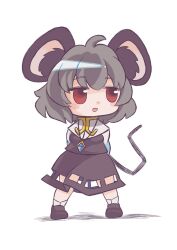 1girl :d animal_ear_fluff animal_ears arms_behind_back blush capelet commentary_request cookie_(touhou) full_body grey_hair grey_shoes grey_skirt grey_vest highres jewelry long_sleeves looking_afar mouse_ears mouse_girl mouse_tail nazrin necklace nyon_(cookie) open_mouth pendant red_eyes shirt shoes short_hair simple_background skirt skirt_set smile socks solo standing tail touhou tsuzuchii vest white_background white_capelet white_shirt white_socks